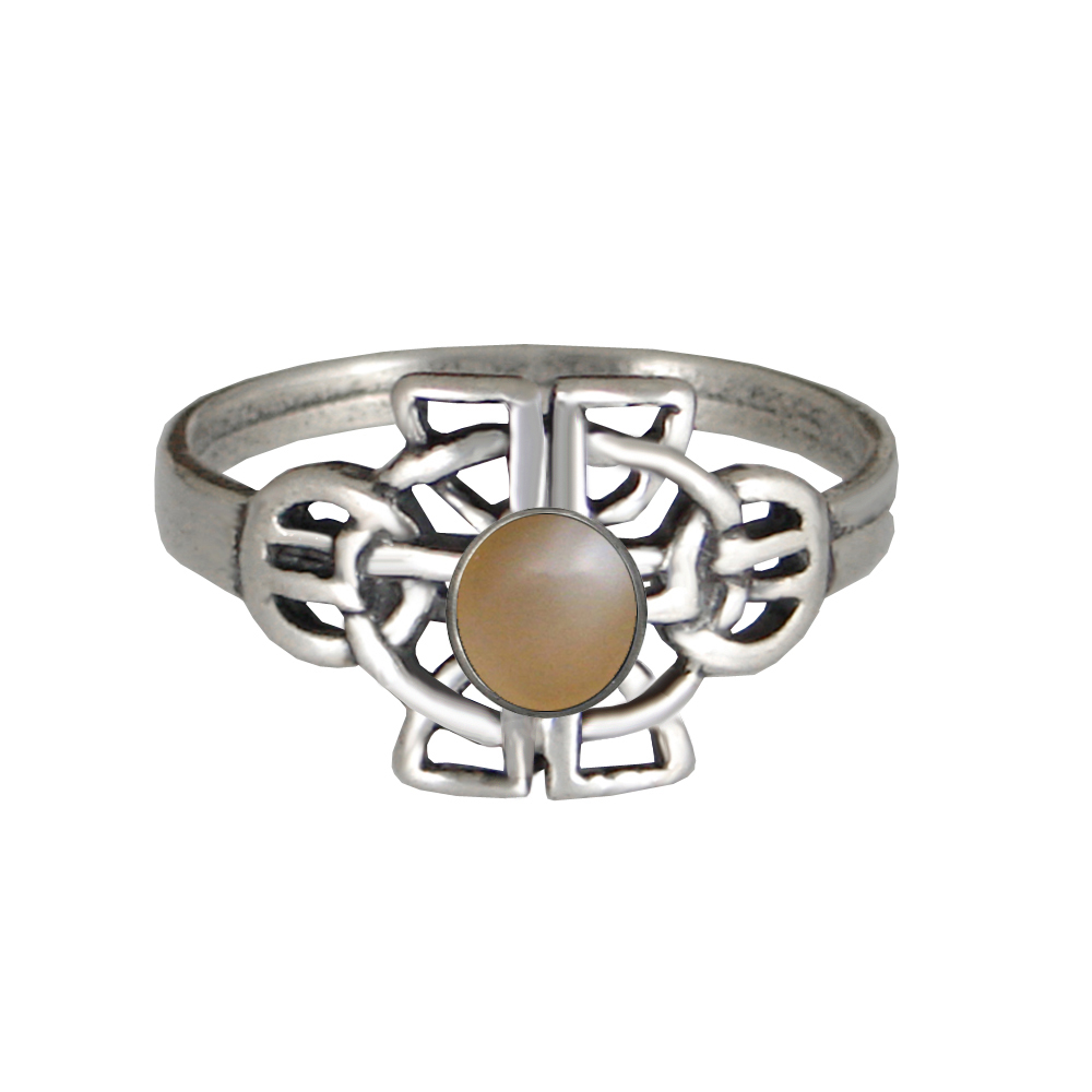 Sterling Silver Celtic Knotwork Ring With Peach Moonstone Size 5